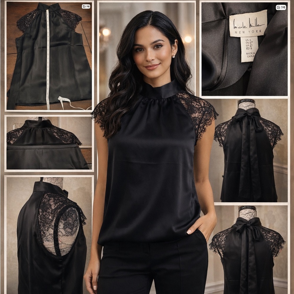 Nicole Miller New York Black Satin Lace Sleeve Blouse Elegant Tie-Back Top (S)